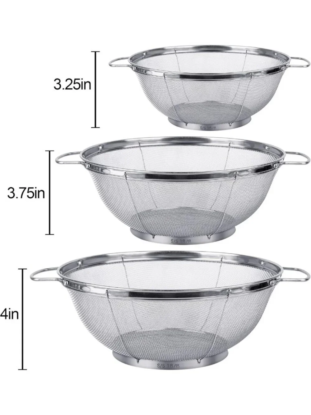 3-Pack Stainless Steel Colander Set - 5QT, 4QT & 3QT Mesh Strainers with Handles